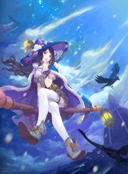 Rule 34 | 1girl, black hair, broom, broom riding, building, cape, cloud, corset, crossed legs, crown, dome, feathers, fur trim, hat, hat ribbon, lamp, lantern, lips, long hair, md5 mismatch, night, night sky, open mouth, original, resolution mismatch, ribbon, shoes, sidesaddle, sitting, skirt, sky, smile, solo, source smaller, thighhighs, tob, white thighhighs, witch, witch hat, wrist cuffs, zettai ryouiki
