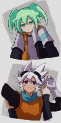 Rule 34 | blue eyes, blush, embarrassed, eyewear on head, fei rune, green eyes, green hair, hand on another&#039;s cheek, hand on another&#039;s face, happy, inazuma eleven (series), inazuma eleven go, inazuma eleven go chrono stone, non-web source, saryuu evan, surrounded