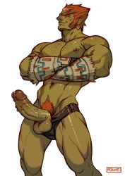 Rule 34 | 1boy, abs, absolum art, bara, briefs, chest hair, colored skin, completely nude, crossed arms, erection, feet out of frame, ganondorf, green skin, highres, long sideburns, male focus, male pubic hair, male underwear, monster boy, muscular, muscular male, navel, navel hair, nintendo, nipples, nude, orange hair, pectorals, penis, pubic hair, short hair, sideburns, solo, standing, stomach, testicles, the legend of zelda, thick thighs, thighs, uncensored, underwear, underwear only, veins, veiny penis