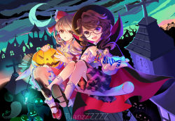 Rule 34 | 2girls, album cover, black cat, bow, broom, broom riding, brown hair, candy, cat, cloak, clock, clock tower, cover, crescent moon, fedora, food, glasses, hair bow, hakurei reimu, halloween, hat, highres, moon, multiple girls, night, nontraditional miko, oil lamp, outdoors, plaid, plaid skirt, plaid vest, red bow, red skirt, red vest, school uniform, short twintails, skirt, touhou, tower, tuanz, twintails, usami sumireko, vest
