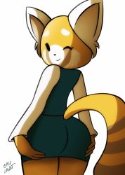 Rule 34 | 10s, 1girl, absurdres, aggressive retsuko, animal ears, artist name, ass, black eyes, blue skirt, blue vest, cowboy shot, female focus, from behind, furry, furry female, highres, jpeg artifacts, long sleeves, looking at viewer, looking back, one eye closed, panda ears, pencil skirt, retsuko, shirt, signature, simple background, skirt, sky light, smile, solo, tail, vest, white background, white shirt, wink