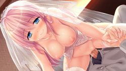 Rule 34 | 1girl, bare arms, bare shoulders, blue eyes, blush, breasts, bridal veil, bride, censored, eyebrows, fukigami hatsune, game cg, garter straps, girl on top, groin, happy, holding hands, indoors, interlocked fingers, large breasts, legs, lingerie, long hair, lying, mosaic censoring, nipples, no bra, no panties, original, penis, pink hair, pussy, sakura no mori dreamers, sex, sitting, sitting on person, smile, solo focus, straddling, sweat, thighhighs, thighs, underwear, vaginal, veil, white thighhighs, yamakaze ran