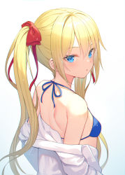Rule 34 | 1girl, alexmaster, back, bare shoulders, bikini, blonde hair, blue bikini, blue eyes, bow, breasts, from behind, hair bow, halterneck, halterneck, long hair, looking at viewer, looking back, off shoulder, original, parted lips, shirt, shoulder blades, sidelocks, simple background, small breasts, solo, string bikini, swimsuit, twintails, upper body, wet, white background, white shirt