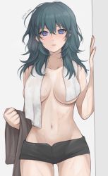 Rule 34 | 1girl, artist name, black shorts, blue eyes, blue hair, breasts, byleth (female) (fire emblem), byleth (fire emblem), commentary request, cowboy shot, fire emblem, fire emblem: three houses, grey background, hair between eyes, hand up, long hair, looking at viewer, medium breasts, micro shorts, navel, nintendo, parted lips, shimizu akina, shorts, solo, standing, stomach, towel, towel around neck, twitter username, wet