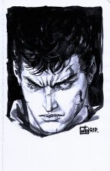 Rule 34 | 1boy, berserk, closed mouth, commentary, english commentary, greyscale, guts (berserk), highres, kopfstoff, looking at viewer, male focus, monochrome, portrait, rest in peace (phrase), sanpaku, scar, scar on face, scar on nose, short hair, signature, solo, very short hair