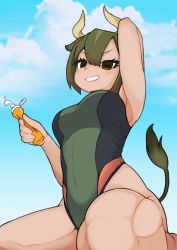 Rule 34 | 1girl, alternate costume, animal ears, aurochs (kemono friends), black one-piece swimsuit, blush, brown eyes, commentary, competition swimsuit, cow ears, cow girl, cow horns, cow tail, from below, green hair, green one-piece swimsuit, highres, horns, illu (illu stratos), kemono friends, kneeling, looking at viewer, lotion, muscular, one-piece swimsuit, short hair, solo, sunscreen, swimsuit, symbol-only commentary, tail, two-tone swimsuit