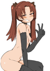 Rule 34 | 1girl, black gloves, black thighhighs, blush, breasts, brown eyes, brown hair, choker, elbow gloves, girls und panzer, gloves, grin, kadotani anzu, looking at viewer, navel, ngc20701, nipples, nude, simple background, sitting, small breasts, smile, solo, thighhighs, twintails, w, white background