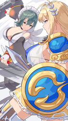 Rule 34 | 2girls, ancient greek clothes, apron, armor, armored dress, black hair, black thighhighs, blonde hair, blue eyes, braid, breasts, butterfly swords, choker, cleavage, crossover, flipped hair, frilled leotard, frills, greco-roman clothes, green eyes, hair ornament, highres, holding, holding shield, iroha (samurai spirits), japanese clothes, jewelry, lace-trimmed apron, lace trim, large breasts, laurel crown, leotard, long hair, maid, maid headdress, maid leotard, multiple girls, multiple swords, open mouth, samurai spirits, shield, short hair, shoulder pads, single braid, skirt, snk, sophitia alexandra, soul calibur, sword, thighhighs, thighs, toeless legwear, unconventional maid, underwear, weapon, yagi2013