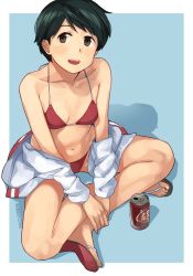Rule 34 | 1girl, artist name, bikini, black hair, blue background, border, breasts, brown eyes, can, collarbone, dr pepper, drink can, from above, full body, indian style, jacket, kantai collection, makio (makiomeigenbot), mogami (kancolle), navel, open clothes, open jacket, open mouth, red bikini, sandals, short hair, sitting, small breasts, smile, soda can, solo, string bikini, swept bangs, swimsuit, track jacket, two-tone background, white border, white jacket
