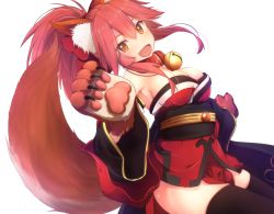 Rule 34 | 1girl, animal ears, animal hands, bare shoulders, bell, black thighhighs, breasts, brown eyes, cleavage, collar, cuon (kuon), fangs, fate/grand order, fate (series), fox ears, fox tail, hair between eyes, japanese clothes, jingle bell, kimono, large breasts, long hair, looking at viewer, neck bell, obi, open mouth, pelvic curtain, pink hair, red kimono, sash, short kimono, sidelocks, smile, solo, tail, tamamo (fate), tamamo cat (fate), tamamo cat (first ascension) (fate), tamamo no mae (fate/extra), thighhighs, thighs