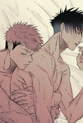 Rule 34 | 2boys, after anal, aftersex, bed, black hair, blush, closed eyes, closed mouth, commentary request, completely nude, couple, fushiguro megumi, fushirun rung, hickey, highres, hug, hug from behind, itadori yuuji, jujutsu kaisen, lying, lying on person, male focus, multiple boys, muscular, muscular male, nude, on bed, pink hair, scar, scar on face, short hair, spiked hair, sweat, teeth, upper body, yaoi
