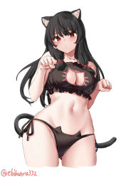 Rule 34 | 1girl, animal ears, black hair, blush, breasts, cat bra, cat ears, cat tail, cleavage, collarbone, ebifurya, highres, isokaze (kancolle), kantai collection, long hair, looking at viewer, medium breasts, navel, parted lips, pawing, red eyes, sidelocks, simple background, solo, tail, twitter username, white background