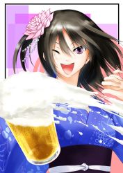 Rule 34 | 1girl, ;d, alcohol, beer, beer mug, cup, flower, hair flower, hair ornament, japanese clothes, kyougoku touya, long hair, looking at viewer, mug, one eye closed, one side up, open mouth, original, purple eyes, smile, solo, wink