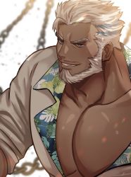 Rule 34 | 1boy, aegir (housamo), alternate costume, bara, beard, blue eyes, brk 603, commentary request, dark skin, dark-skinned male, facial hair, highres, korean commentary, large pectorals, looking at viewer, pectoral cleavage, male focus, muscular, open clothes, open shirt, pectorals, shirt, short sleeves, simple background, smile, smirk, solo, tokyo houkago summoners, white hair