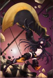 Rule 34 | 10s, 1girl, belt, black gold saw, black hair, black rock shooter, chain, claws, comipat, fighting stance, gold, hime cut, horns, jacket, king saw, kingsaw, long hair, paolo antonio aguasin, red eyes, shorts, smile, solo, star (symbol), sword, unzipped, weapon, zipper