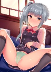 Rule 34 | &gt;:o, 1girl, black legwear, blush, bow, bow panties, cameltoe, clothes lift, commentary request, crotch seam, dress, dress lift, green panties, grey hair, indoors, interstellar, kantai collection, kasumi (kancolle), kasumi kai ni (kancolle), lifted by self, long hair, long sleeves, looking at viewer, neck ribbon, nose blush, panties, partially visible vulva, pinafore dress, ribbon, school uniform, side ponytail, sitting, skirt, skirt lift, sleeveless, sleeveless dress, solo, spread legs, underwear, v-shaped eyebrows, window