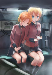 Rule 34 | 10s, 2girls, :o, blonde hair, blue eyes, boots, breasts, cup, darjeeling (girls und panzer), closed eyes, figurehead (artist), girls und panzer, head on another&#039;s shoulder, knee boots, large breasts, leaning on person, looking at viewer, multiple girls, open mouth, orange hair, orange pekoe (girls und panzer), saucer, sitting, sleeping, tank interior, teacup