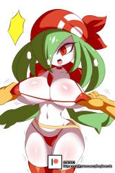Rule 34 | 1girl, absurdres, alternate hairstyle, artist name, bandana, bikini, breasts, breath, choker, clothed pokemon, collarbone, colored skin, cosplay, cowboy shot, creatures (company), disembodied limb, fanny pack, female focus, game freak, gardevoir, gen 3 pokemon, grabbing, grabbing another&#039;s breast, green hair, green skin, hair over one eye, highres, large breasts, legs together, lucyfer, may (pokemon), may (pokemon) (cosplay), multicolored skin, navel, nintendo, nipple stimulation, nipple tweak, open mouth, patreon logo, patreon username, poke ball symbol, poke ball theme, pokemon, pokemon rse, red bikini, red choker, red eyes, red thighhighs, simple background, skindentation, solo, standing, swimsuit, thighhighs, trembling, two-tone skin, watermark, web address, white background, white skin, wide hips
