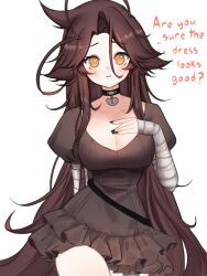 Rule 34 | 1girl, absurdres, ahoge, arm behind back, black choker, black nails, blush, breasts, brown dress, brown eyes, brown hair, choker, cleavage, contrapposto, cowboy shot, dress, english text, frilled dress, frills, hair between eyes, hand on own chest, heart, heart-shaped pupils, heart ahoge, heart choker, highres, huge ahoge, large breasts, light smile, looking at viewer, original, parted bangs, scoop neck, short dress, short sleeves, shy, simple background, sky above me, solo, straight-on, symbol-shaped pupils, white background