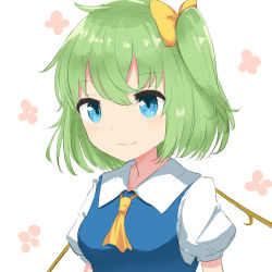 Rule 34 | 1girl, bad id, bad pixiv id, blue dress, blue eyes, blush, bow, breasts, closed mouth, collared shirt, coraman, daiyousei, dress, fairy wings, green hair, hair between eyes, hair bow, long hair, medium breasts, one side up, puffy short sleeves, puffy sleeves, shirt, short sleeves, sleeveless, sleeveless dress, smile, solo, touhou, white shirt, white wings, wings, yellow bow, yellow neckwear