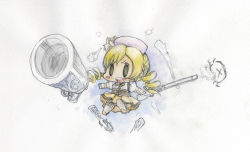 Rule 34 | 10s, 1girl, :o, baku taso, beret, blonde hair, blush, boots, brown thighhighs, chibi, drill hair, gloves, graphite (medium), gun, hair ornament, hairpin, hat, huge weapon, long hair, magical girl, magical musket, mahou shoujo madoka magica, mahou shoujo madoka magica (anime), musket, open mouth, pleated skirt, puffy sleeves, ribbon, rifle, sketch, skirt, solo, teeth, thighhighs, tomoe mami, traditional media, twin drills, twintails, watercolor pencil (medium), weapon, yellow eyes