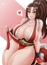 Rule 34 | 1girl, bare shoulders, blush, breasts, brown eyes, brown hair, cameltoe, cleft of venus, closed mouth, collarbone, hair ornament, heart, highres, large breasts, looking at viewer, matching hair/eyes, parted bangs, ponytail, red background, shiny skin, shiranui mai, solo, spoken heart, takilmar, the king of fighters, thick thighs, thighs, tongue, tongue out, white background