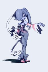 Rule 34 | 1girl, blue background, blue hair, blue skin, collarbone, colored skin, detached collar, detached sleeves, dress, full body, hair over one eye, hand up, highres, leviathan (skullgirls), neko mata g, red eyes, side ponytail, skeletal arm, skullgirls, smile, solo, squigly (skullgirls), standing, stitched mouth, stitches, striped sleeves, yellow eyes, zombie