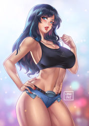 Rule 34 | 1girl, belt, black hair, blue eyes, breasts, cleavage, commission, cutoffs, denim, denim shorts, exposed pocket, hand on own hip, highres, jewelry, large breasts, lena dai, lips, long hair, looking at viewer, midriff, nail polish, navel, original, parted bangs, parted lips, pendant, red lips, short shorts, shorts, solo, tank top, tattoo, toned