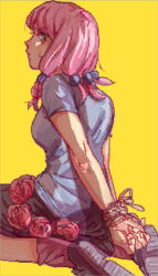 Rule 34 | 1girl, arms behind back, black skirt, bound, bound wrists, braid, breasts, chinese commentary, commentary request, flower, from side, green eyes, hair bobbles, hair ornament, hirose yasuho, jojo no kimyou na bouken, jojolion, medium breasts, pink flower, pink hair, pink rose, quad tails, rope, rose, side braid, sitting, skirt, solo, sweatdrop, wariza, yanglao paopaoren, yellow background
