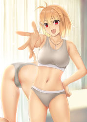 Rule 34 | 1girl, absurdres, arcueid brunestud, ass, besmiled, blonde hair, blush, bra, breasts, collarbone, commission, curtains, highres, large breasts, looking at viewer, multiple views, navel, open mouth, outstretched arm, panties, pixiv commission, red eyes, short hair, smile, sports bra, thighs, tsukihime, underwear, white bra, white panties