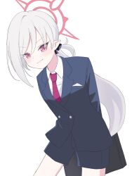 Rule 34 | black shorts, blue archive, blush, closed mouth, collared shirt, cowboy shot, formal, grey hair, halo, highres, k-d, long hair, long sleeves, looking at viewer, mutsuki (blue archive), mutsuki (suit) (blue archive), necktie, pointy ears, red eyes, red halo, red necktie, shirt, shorts, simple background, smile, suit, white background, white shirt