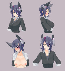 Rule 34 | 10s, 1girl, blush, breasts, breasts out, eyepatch, headgear, highres, kantai collection, large breasts, looking at viewer, looking to the side, multiple views, necktie, nipples, open clothes, open shirt, purple hair, shirt, short hair, tenryuu (kancolle), tsurugi (the horizon), upper body, yellow eyes
