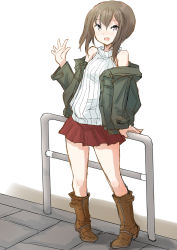 Rule 34 | 1girl, boots, brown eyes, brown footwear, brown hair, brown skirt, commentary request, fuji (pixiv24804665), full body, grey jacket, highres, jacket, kantai collection, looking at viewer, open clothes, open jacket, pleated skirt, railing, short hair, sidelocks, simple background, skirt, sleeveless, sleeveless sweater, solo, standing, sweater, taihou (kancolle), turtleneck, waving, white background, white sweater