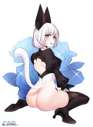 Rule 34 | 1girl, absurdres, animal ear fluff, animal ears, ass, backless outfit, black footwear, black thighhighs, blue eyes, blue flower, blue rose, boots, braid, breasts, cat ears, cat tail, cosplay, crop top, facial mark, final fantasy, final fantasy xiv, floral background, flower, full body, hair over shoulder, high heel boots, high heels, highres, iso1206, juliet sleeves, leotard, leotard under clothes, long sleeves, looking at viewer, medium breasts, miqo&#039;te, nier:automata, nier (series), no pants, parted lips, puffy sleeves, rose, sidelocks, single braid, sitting, solo, sparkle, tail, thigh boots, thighhighs, thighhighs under boots, wariza, white background, white hair, 2b (nier:automata), 2b (nier:automata) (cosplay)