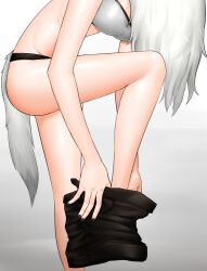 Rule 34 | 1girl, arknights, bandeau, bare legs, black nails, black panties, commentary request, gradient background, grey background, highres, kja (shishimujizhong), lappland (arknights), long hair, midriff, nail polish, panties, solo, standing, standing on one leg, strapless, tail, thighs, tube top, underwear, undressing, white hair, wolf tail