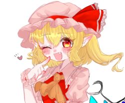 Rule 34 | 1girl, aorin oekaki, blonde hair, flandre scarlet, frills, hat, hat ribbon, heart, medium hair, mob cap, one eye closed, open mouth, pointy ears, puffy short sleeves, puffy sleeves, red eyes, red ribbon, ribbon, short sleeves, side ponytail, simple background, solo, touhou, upper body, white background