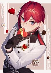 Rule 34 | 13 (bbr584607091), 1boy, belt, black gloves, blue eyes, brown background, checkered clothes, chocolate, clover, commentary, crossed bangs, diamond (shape), gift, gloves, happy valentine, heart, highres, holding, holding gift, jacket, lapel pin, letterboxed, long sleeves, looking at viewer, male focus, red hair, riddle rosehearts, short hair, simple background, solo, spade (shape), symbol-only commentary, thinking, twisted wonderland, upper body, white jacket