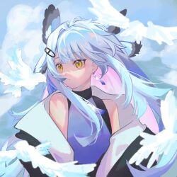 Rule 34 | 1girl, absurdres, animal, arknights, bare shoulders, bird, black jacket, blue shirt, blue sky, closed mouth, cloud, cloudy sky, commentary request, day, earrings, floating hair, grey hair, hair ornament, highres, jacket, jewelry, long hair, looking away, looking to the side, off shoulder, open clothes, open jacket, outdoors, ptilopsis (arknights), ranqi344, shirt, sky, sleeveless, sleeveless shirt, solo, yellow eyes