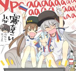 Rule 34 | 2018 fifa world cup, 3girls, alcohol, alternate costume, anger vein, bad id, bad twitter id, barefoot, black bow, black hat, blue eyes, bow, brown hair, closed eyes, commentary request, couch, facial scar, fang, flat cap, fur hat, gangut (kancolle), glass, grey hair, hair bow, hat, hibiki (kancolle), highres, hizuki yayoi, kaga (kancolle), kantai collection, long hair, low twintails, multiple girls, open mouth, papakha, polka dot, polka dot shirt, russian flag, scar, scar on cheek, scar on face, shirt, shorts, sitting, soccer, soccer uniform, sportswear, tashkent (kancolle), television, translation request, triangle mouth, twintails, verniy (kancolle), vodka, white hat, white shirt, white shorts, world cup