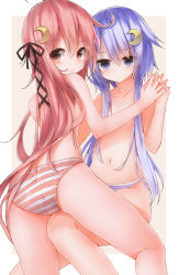 Rule 34 | 10s, 2girls, ass, blue eyes, blue hair, censored, convenient censoring, crescent, crescent hair ornament, hair ornament, hair ribbon, highres, kantai collection, long hair, mizushina minato, multiple girls, panties, pink eyes, pink hair, pussy, ribbon, see-through, short hair with long locks, striped clothes, striped panties, thigh straddling, topless, underwear, uzuki (kancolle), very long hair, yayoi (kancolle)