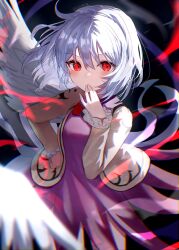Rule 34 | 1girl, blush, bow, dress, feathered wings, frilled sleeves, frills, glowing, glowing eyes, grey hair, hand on own hip, jacket, kishin sagume, long sleeves, looking at viewer, open clothes, open jacket, purple dress, red eyes, sakizaki saki-p, short hair, single wing, solo, touhou, white hair, white wings, wings