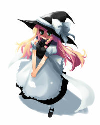 Rule 34 | 1girl, apron, blonde hair, dress, female focus, from above, full body, green eyes, own hands clasped, hat, highres, kirisame marisa, long hair, looking up, own hands together, ribbon, shin (new), solo, touhou, white background, witch, witch hat