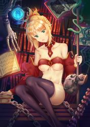 Rule 34 | 1girl, areola slip, bandeau, black thighhighs, blonde hair, book, bottomless, braid, breasts, cangchen, chain, collar, collarbone, convenient leg, covered erect nipples, detached sleeves, fate/apocrypha, fate/grand order, fate (series), french braid, green eyes, head tilt, highres, lantern, library, looking at viewer, magic, medium breasts, mordred (fate), mordred (fate/apocrypha), navel, nipple slip, nipples, open book, open mouth, ponytail, scrunchie, short hair, silk, sitting, skull, snake, solo, spider web, thighhighs