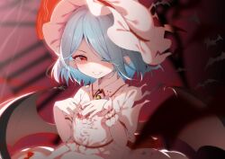 Rule 34 | + +, 1girl, bat wings, blue hair, blurry, blurry background, commentary request, fingernails, hair over one eye, hat, hat ribbon, light blue hair, long fingernails, mob cap, piyodesu, pointy ears, red nails, red ribbon, remilia scarlet, ribbon, short sleeves, smile, solo, torn clothes, touhou, upper body, white hat, wings, wrist cuffs