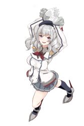 1girl absurdres arms_up beret black_socks blue_eyes breasts epaulettes frilled_sleeves frills gloves grey_hair grey_skirt hat highres jacket kantai_collection kashima_(kancolle) large_breasts long_hair long_sleeves looking_at_viewer military_jacket military_uniform miniskirt neckerchief open_mouth pleated_skirt red_neckerchief sidelocks skirt socks solo tsurime twintails wavy_hair white_gloves yamada_mod