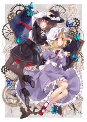 Rule 34 | 2girls, artist name, bad id, bad pixiv id, black footwear, black hat, black legwear, black skirt, blonde hair, bobby socks, book, bow, braid, brown eyes, brown hair, bug, butterfly, capelet, chain, collar, commentary request, corset, dress, fedora, frilled collar, frilled dress, frilled hat, frills, gears, grey background, hair bow, hair ribbon, hand on headwear, hat, hat bow, high-waist skirt, high heels, highres, insect, long sleeves, looking at viewer, maribel hearn, mary janes, miniskirt, mob cap, multiple girls, neck ribbon, necktie, pantyhose, petticoat, puffy long sleeves, puffy sleeves, purple dress, red eyes, red footwear, red necktie, red ribbon, ribbon, shirt, shoes, short hair, side braid, single braid, skirt, smile, socks, string, string of fate, string on pinky, suspenders, touhou, toutenkou, tress ribbon, usami renko, white bow, white hat, white legwear, white shirt