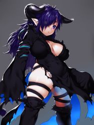 Rule 34 | 1girl, absurdres, black thighhighs, breasts, cleavage, curvy, fur trim, grey background, groin, hair between eyes, highres, horns, large breasts, long hair, looking at viewer, onsoku inu, original, parted lips, ponytail, purple eyes, purple hair, simple background, skindentation, solo, standing, thick thighs, thighhighs, thighs, torn clothes