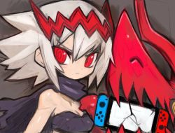 Rule 34 | 1girl, bare arms, bare shoulders, breasts, broken screen, dakusuta, dragon: marked for death, empress (dmfd), game console, grey background, hair between eyes, hair ornament, highres, holding, medium breasts, nintendo switch, red eyes, scarf, short hair, simple background, solo, spiked hair, white hair