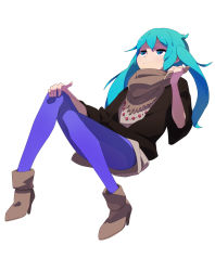 Rule 34 | 1girl, bad id, bad pixiv id, blue eyes, blue hair, brown scarf, cellphone, hatsune miku, long hair, lying, matching hair/eyes, pantyhose, phone, purple pantyhose, scarf, simple background, solo, tomioka jirou, twintails, vocaloid