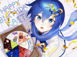 Rule 34 | 1boy, absurdres, ayapipi12, birthday cake, blue eyes, blue hair, blue scarf, cake, character name, coat, commentary, confetti, flower, food, gears, happy birthday, highres, icing, kaito (vocaloid), looking at viewer, looking up, male focus, marshmallow, open mouth, purple flower, scarf, snowman, songover, sprinkles, teeth, upper teeth only, vocaloid, white coat